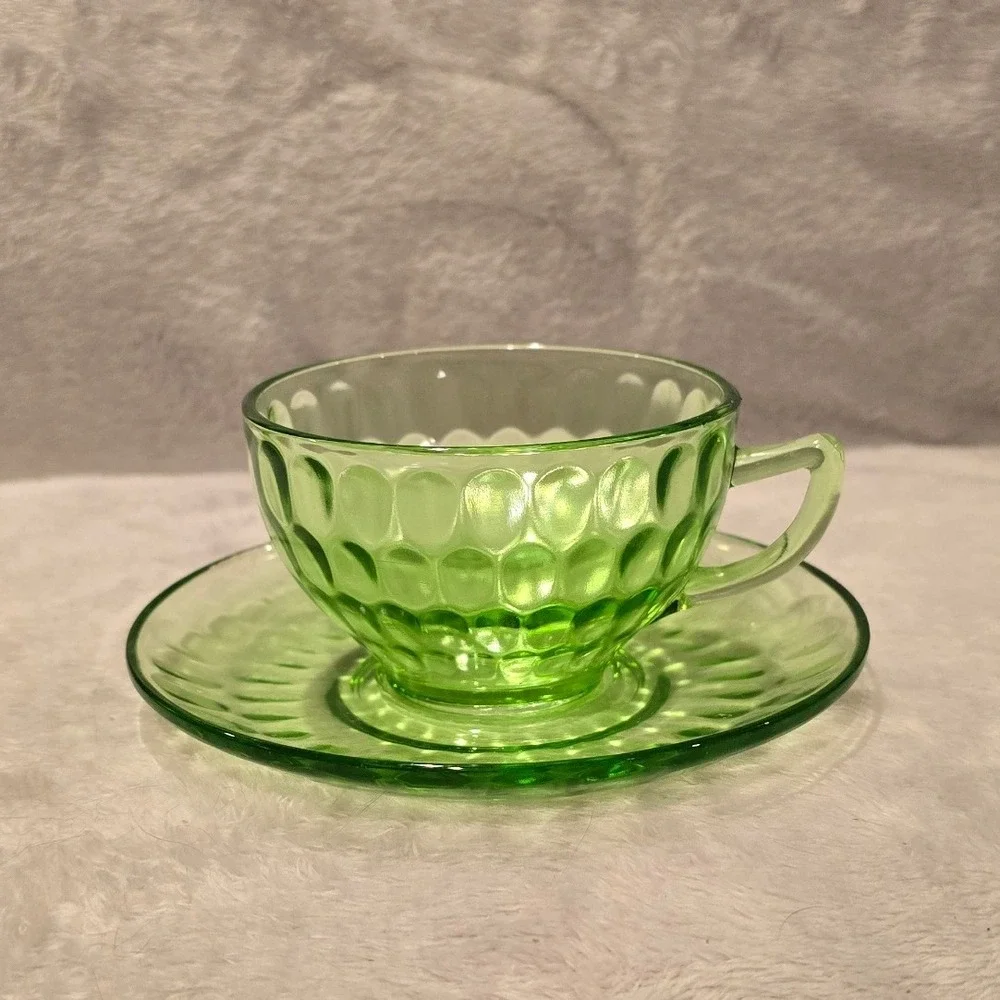 Vintage‎ Federal Glass Uranium Thumbprint Tea Cup and Saucer Set Glows